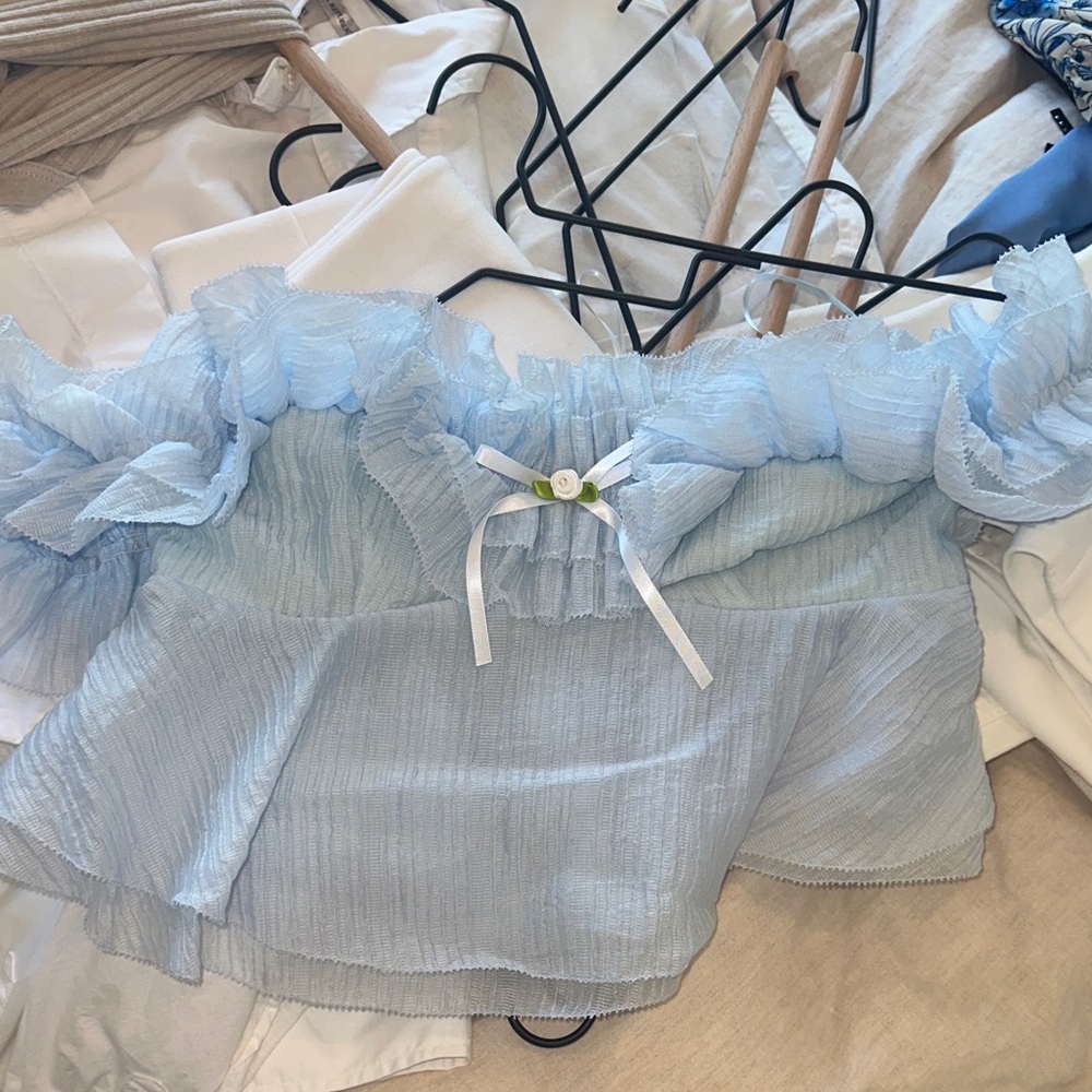 Reformation Sky Blue Ruffle Blouse